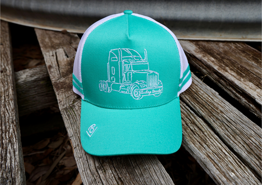 Aqua blue cap trucker cap with white truck embroidered on front panel.
White mesh & snapback. 
