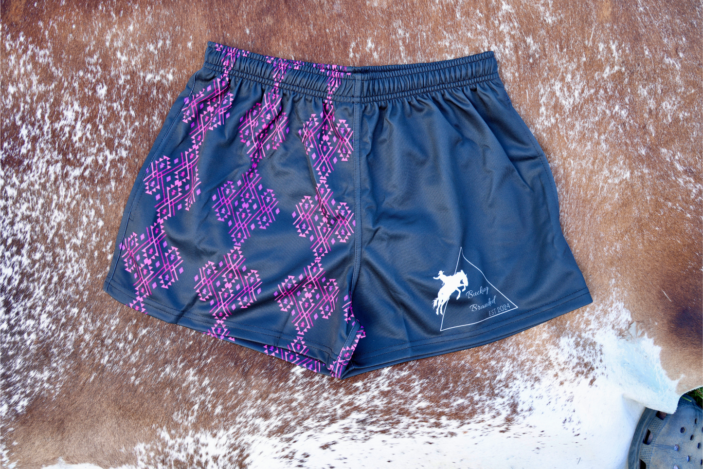 Pink + Purple Aztec patterned footy shorts