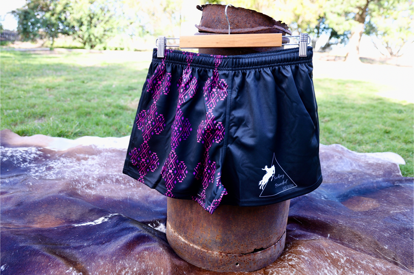 Pink + Purple Aztec patterned footy shorts