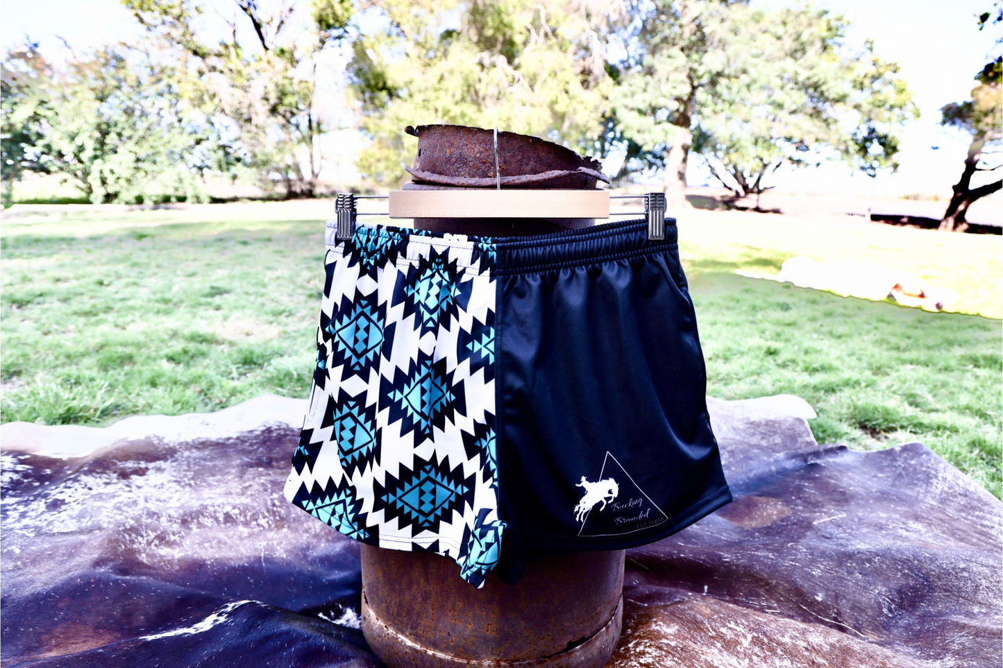 Blue Aztec patterned footy shorts