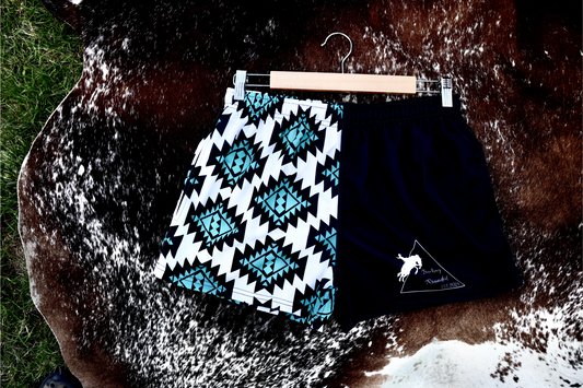 Blue Aztec patterned footy shorts