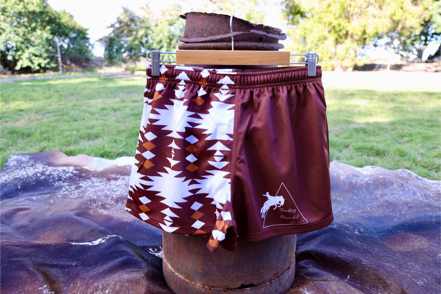 Brown Aztec patterned footy shorts